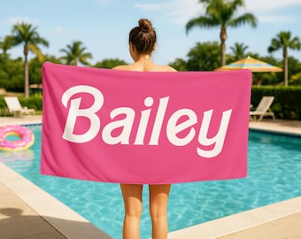 Personalized Pink Beach Towel: Retro Script Font, Custom Name