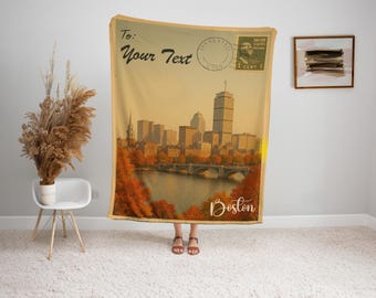 Personalized Boston Blanket – Vintage Postcard, Custom Minky Sherpa Throw