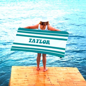 Custom Striped Beach Towel: Personalized 70s Retro Font Name Towel