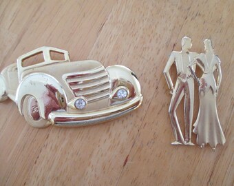 Vintage costume jewelry  / 2 brooches man and woman and vintage car unique