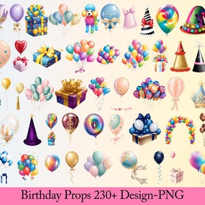 Mega paquete de imágenes prediseñadas de cumpleaños en acuarela: accesorios de fiesta PNG (descarga digital)