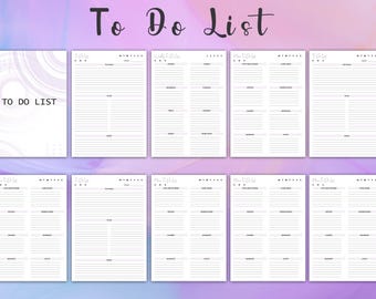May include: A printable to-do list planner with a white background and a light purple and white abstract design. The planner has 10 pages with the words "To Do List" at the top of each page.