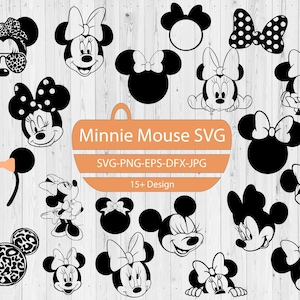 Può includere: Un set di 15 file di taglio SVG di Minnie Mouse in bianco e nero. I file includono vari design di Minnie Mouse, tra cui la sua testa, le orecchie e il fiocco. Il testo "Minnie Mouse SVG" è scritto in uno striscione nella parte superiore dell'immagine. Il testo "SVG-PNG-EPS-DFX-JPG" è scritto sotto lo striscione. Il testo "15+ Design" è scritto sotto la seconda riga di testo.