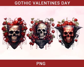 Gothic Valentine Clipart: Watercolor Skull PNG Bundle (Digital Download)
