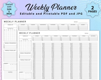 May include: A black and white printable weekly planner with two pages. The planner has sections for weekly priorities, tasks, habits, and notes. It also includes a calendar grid for the month.