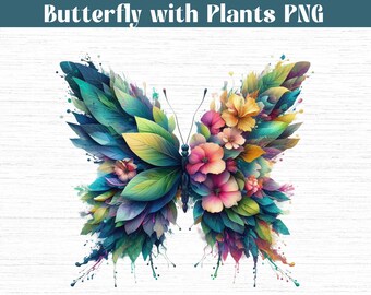 Mariposa floral PNG: Diseño vegetal abstracto y vibrante (descarga digital)