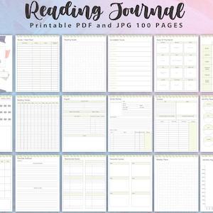 May include: A printable reading journal with 100 pages. The journal includes pages for tracking reading goals, favorite authors, book reviews, and more. The pages are designed with a light green and white color scheme.