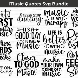 May include: A collection of black and white SVG designs featuring music-themed quotes. Phrases include "But first, country music," "Never stop dancing," and "Music is my therapy." Ideal for crafting projects and music lovers.