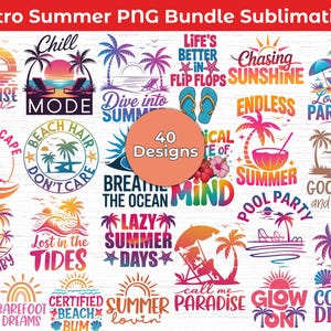 Puede incluir: Un conjunto de 40 diseños PNG retro de verano para sublimación. Los diseños presentan escenas de playa, palmeras, puestas de sol y frases como "Paradise Found", "Chasing Sunshine" y "Good Vibes". La paleta de colores incluye naranjas, rosas, azules y verdes vibrantes.