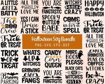 May include: A collection of Halloween-themed SVG designs in black and orange. The designs include phrases like "Trick or Treat," "Happy Halloween," and "Witches Be Crazy." The bundle is available in PNG, SVG, EPS, and DXF formats.