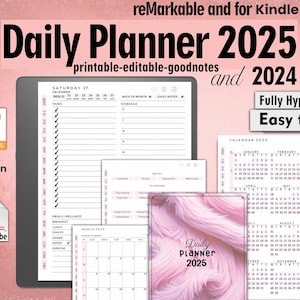 May include: A digital daily planner for 2025 and 2024, with a pink and white colour scheme. The planner is fully hyperlinked and easy to use. It is compatible with reMarkable and Kindle Scribe tablets.