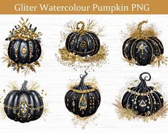 Zestaw clipartów z brokatowymi akwarelami i dyniami: pastelowe Halloween PNG (pobranie cyfrowe)