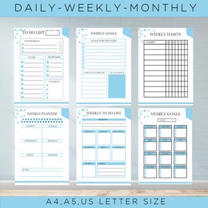 Op de afbeelding: Een printbare planner met blauwe en witte stippen. De planner bevat secties voor dagelijkse, wekelijkse en maandelijkse doelen, gewoontes en taken. De planner is verkrijgbaar in de formaten A4, A5 en US Letter.