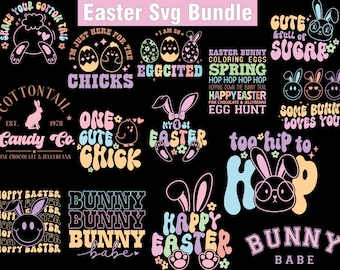 レトロなイースター SVG PNG バンドル: ウサギ、卵、ひよこのクリップアート