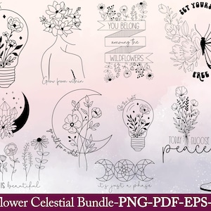 Wildflower Celestial SVG Bundle: Boho Moon, Sun, Star Clipart