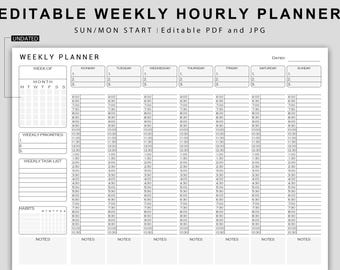 May include: A black and white printable weekly planner with hourly time slots from 6:00 AM to 10:30 PM. The planner includes sections for weekly priorities, weekly tasks, and habits. The planner is undated and has space for notes.