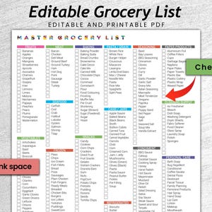 May include: A printable grocery list with tick boxes for various food categories, including fruits, vegetables, meat, seafood, baking, pasta and grain, seasoning, paper products, cleaning supplies, condiments, and personal care items. The list is titled "Master Grocery List" and "Editable Grocery List".