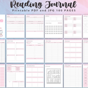 May include: Printable reading journal with pink and white pages. The journal includes sections for favorite quotes, authors, books to read, and more. The cover features a stack of books with the text "Reading Journal" in pink.