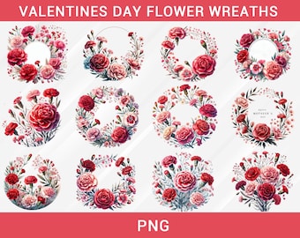 Watercolor Valentines Floral Heart Wreath Clipart (PNG Digital Download)