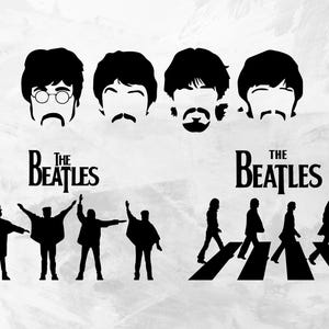 May include: Black and white silhouette image of the Beatles band members. The image includes the band's name "The Beatles" in white text. The bottom of the image shows a black and white silhouette of four people walking across a crosswalk.