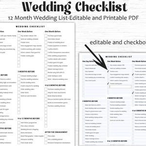 May include: A black and white printable wedding checklist PDF with checkboxes. The checklist is divided into sections for different time periods before the wedding, such as one day before, one week before, one month before, two months before, three months before, four to six months before, six to nine months before, nine to twelve months before, and after the engagement. The checklist includes tasks such as sending out wedding invitations, booking a photographer, and finalizing the wedding day schedule.