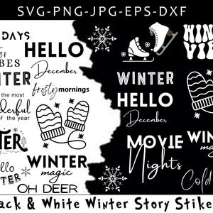 Könnte beinhalten: Schwarz-weiße Winter-Sticker mit Text wie "Cold Days", "Winter Vibes", "Hello December", "Frosty Mornings", "Movie Winter Nights" und "Winter Magic".