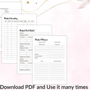 Puede incluir: Páginas de planificación imprimibles en blanco y negro para el inventario de productos, los detalles de los costes y la planificación. Las páginas incluyen secciones para el nombre del producto, la descripción, la fecha de lanzamiento, la lista de verificación, el presupuesto, los gastos totales, el beneficio, el precio de venta en el mercado, la fecha del artículo del producto, el material, los suministros y las notas.