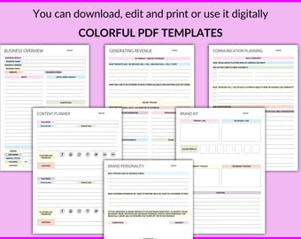 May include: A set of colorful printable PDF templates for business planning. The templates include sections for business overview, content planning, generating revenue, brand personality, brand kit, and communication planning.
