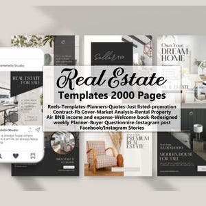 May include: A promotional image for real estate templates. The image features a smartphone displaying a real estate listing, and several marketing graphics with text such as "Real Estate Templates 2000 Pages" and "Premium Real Estate."