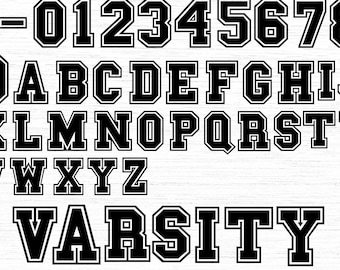May include: Black varsity-style letters and numbers with a white outline. The image includes the numbers 0-9, the letters A-Z, an exclamation point, a dash, and the word "VARSITY". The font is bold and blocky.