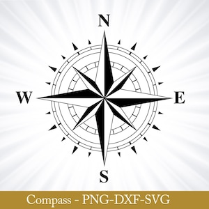 May include: Black and white compass with the cardinal directions N, S, E, and W. The compass is a star shape with a circle around it.
