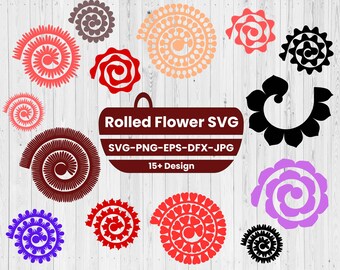 May include: A digital download of 15+ rolled flower SVG designs. The designs are in various colors, including red, pink, purple, black, and brown. The designs are perfect for creating paper crafts, scrapbooking, and other DIY projects.