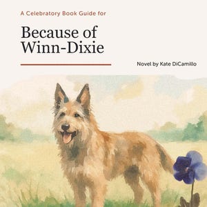 Pode incluir: Capa do livro "Porque Winn-Dixie" de Kate DiCamillo. A capa apresenta uma ilustração em aquarela de um cão em um campo com uma flor azul. O título e o nome do autor são exibidos em um fundo branco.