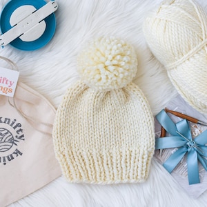 Beanie Knitting Kit // Beginner Knitting Kit // Hat Knitting Kit // Knitting Kit // Pom Pom Hat Kit // Beginning Knit Kit // Beanie Knit Kit