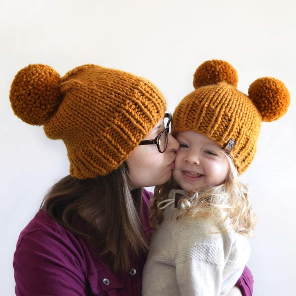 Modèle de tricot de chapeau // Modèle de bonnet en tricot // Chapeau à gros pompons // Modèle de bonnet à double pompon // Modèle de bonnet en tricot épais // Motif de bonnet