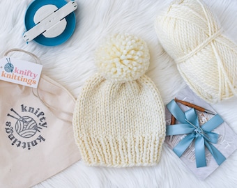 Beanie Knitting Kit // Beginner Knitting Kit // Hat Knitting Kit // Knitting Kit // Pom Pom Hat Kit // Beginning Knit Kit // Beanie Knit Kit