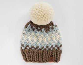 Hat Knitting Pattern // Knit Child Pattern // Fair Isle Hat Pattern // Chunky Pom Pom Hat // Knitting Patterns for Kids