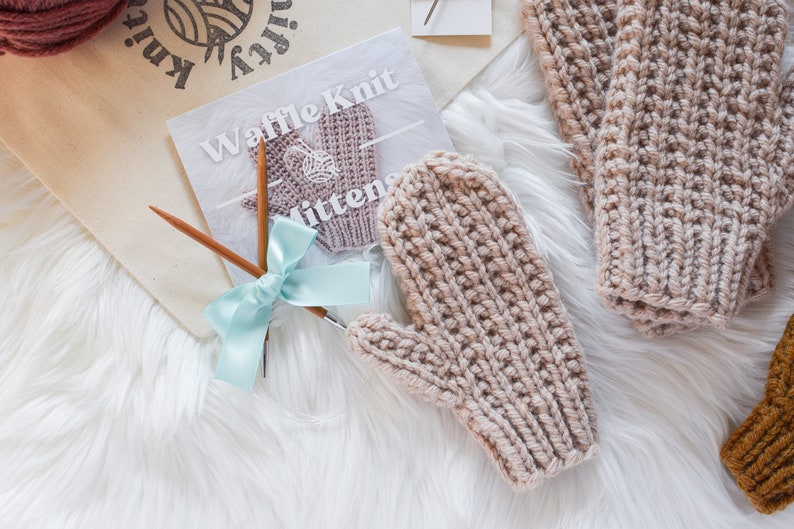 Mitten Knitting Kit // Knitting Kit // Advanced Knitting Kit // Waffle Knit Mitten Kit // Mitten Kit // Knitting Gift Ideas image 3