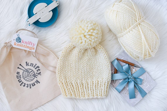 Beanie Knitting Kit // Beginner Knitting Kit // Hat Knitting Kit // Knitting  Kit // Pom Pom Hat Kit // Beginning Knit Kit // Beanie Knit Kit 