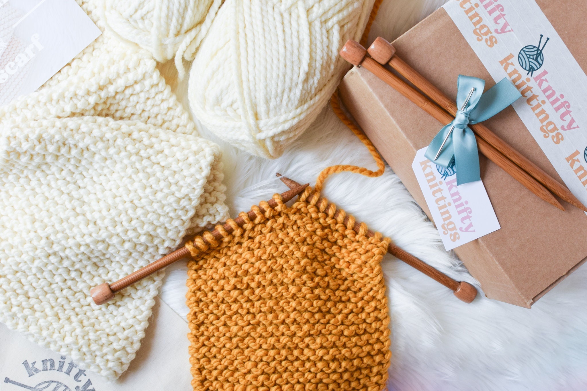 Beginner Knitting Kit Scarf DIY Wool Yarn Basic Knit Learn Set Craft Starter  Cream 22 Color Alize Needles 