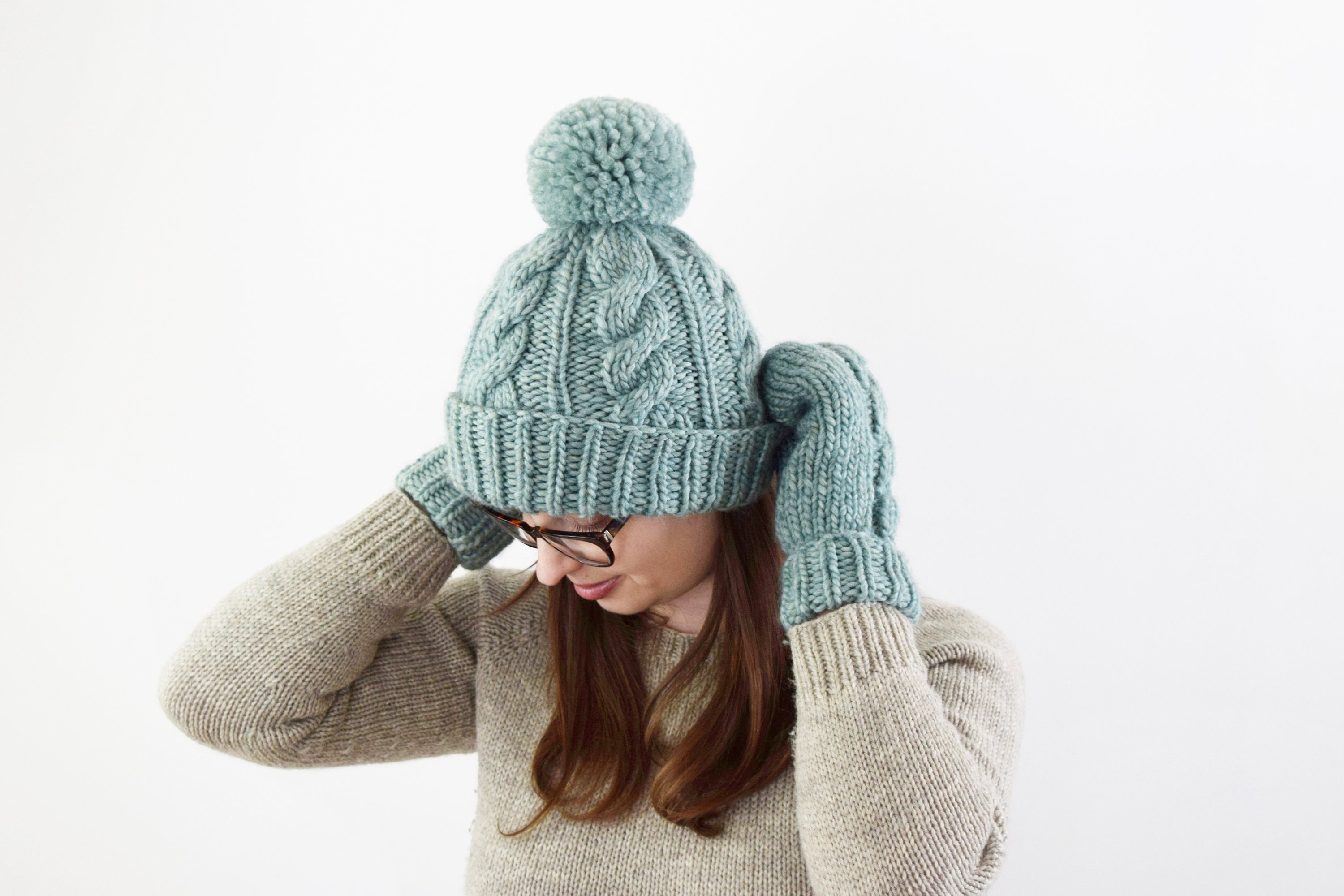 Knitting Pattern // Cabled Hat and Mittens Pattern // Cable Etsy