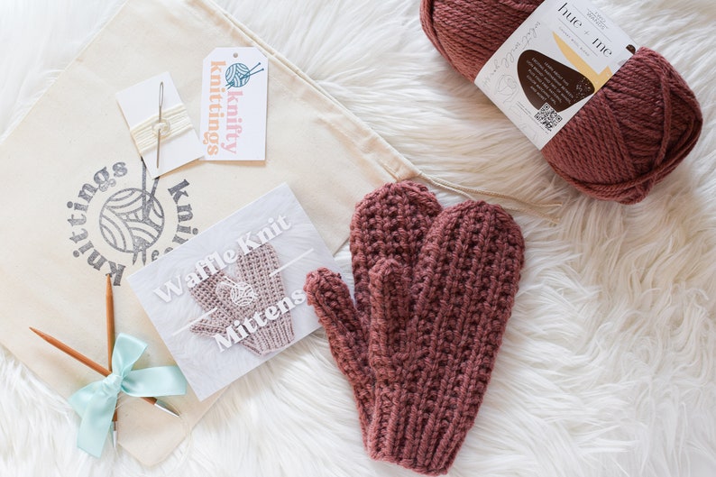 Mitten Knitting Kit // Knitting Kit // Advanced Knitting Kit // Waffle Knit Mitten Kit // Mitten Kit // Knitting Gift Ideas image 4