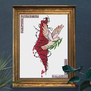 Palästina Karte mit Friedenstaube | Mein Blut ist palästinensisch |Tatreez | Stickerei | Wandkunst | Kreuzstichvorlage | Sofortiger digitaler Download PDF