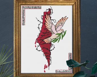 May include: A framed cross-stitch pattern featuring a map of a region in red, with a white dove holding an olive branch. The text "Digital Download PDF" is at the top. The text "Cross Stitch Pattern ONLY" is at the bottom.