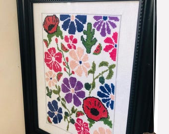 Floral Meadow Cross Stitch Pattern: Poppies & Olive Branch (Digital Download PDF)