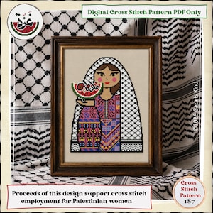 May include: A framed cross stitch pattern featuring a figure wearing a patterned garment and a black and white keffiyeh head covering, holding a slice of watermelon. The text reads Digital Cross Stitch Pattern PDF Only, 2026 Gaza is Kind, and Cross Stitch Pattern 187.