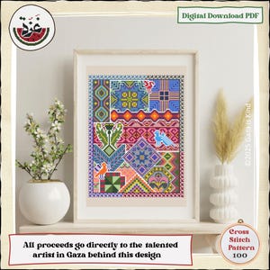 May include: A framed cross-stitch pattern with a colorful geometric design. The artwork features various shapes, including squares, triangles, and floral motifs, in shades of blue, pink, orange, and green. Text on the image reads "Digital Download PDF" and "All proceeds go directly to the talented artist in Gaza behind this design."