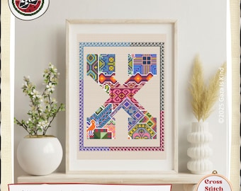 Letra X de Tatreez / Motivos palestinos / Tatreez / Bordado / Arte mural / Patrón de punto de cruz / Descarga digital instantánea en PDF