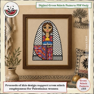May include: A framed cross stitch pattern featuring a stylized figure wearing a black and white keffiyeh-patterned head covering, a colorful embroidered dress, and a golden dome icon. The text reads Digital Cross Stitch Pattern PDF Only.