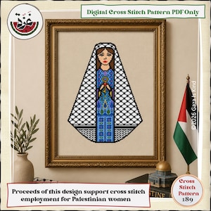 May include: A digital cross stitch pattern PDF featuring a person wearing a blue patterned dress and a black and white keffiyeh head covering, holding a gold key. The design includes text reading Digital Cross Stitch Pattern PDF Only and Cross Stitch Pattern 189.